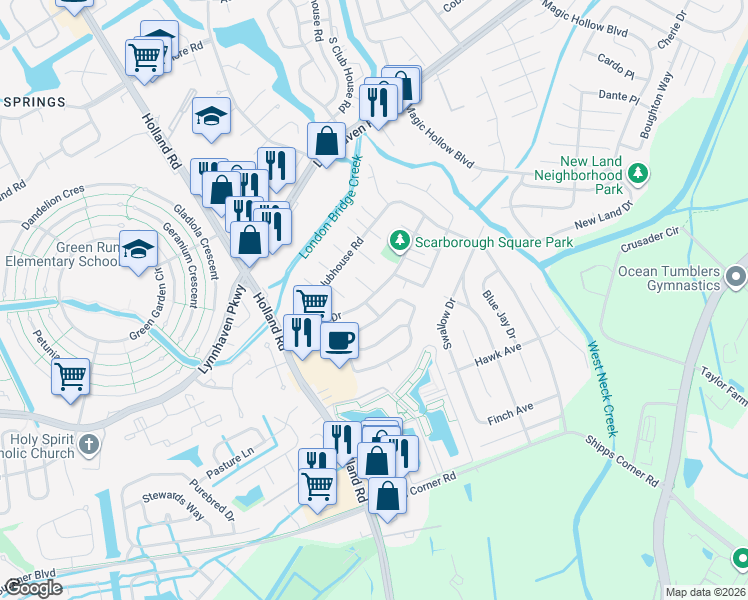 map of restaurants, bars, coffee shops, grocery stores, and more near 1184 Warwick Drive in Virginia Beach