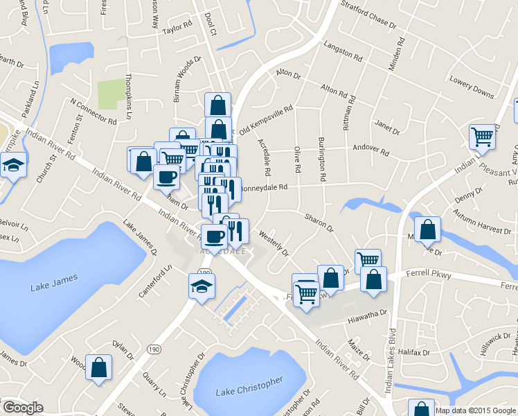 map of restaurants, bars, coffee shops, grocery stores, and more near 1308 Acredale Road in Virginia Beach