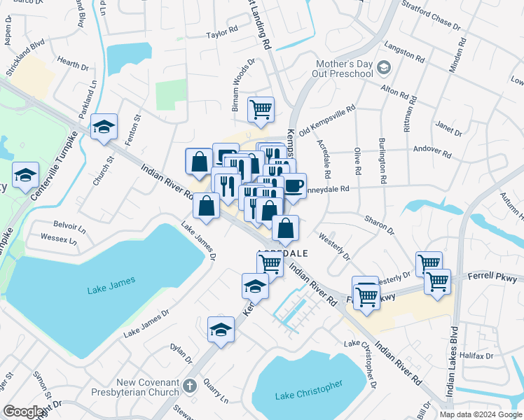 map of restaurants, bars, coffee shops, grocery stores, and more near 1383 Fordham Drive in Virginia Beach