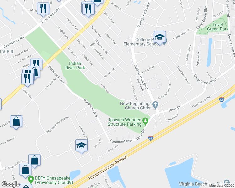 map of restaurants, bars, coffee shops, grocery stores, and more near 2312 Miller Avenue in Chesapeake