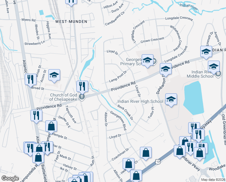 map of restaurants, bars, coffee shops, grocery stores, and more near 300 Providence Road in Chesapeake