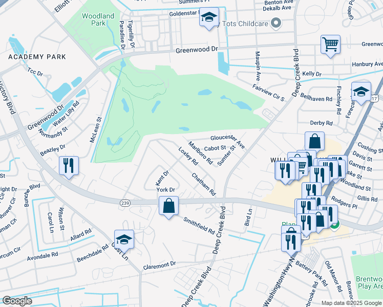 map of restaurants, bars, coffee shops, grocery stores, and more near 203 Marlboro Road in Portsmouth