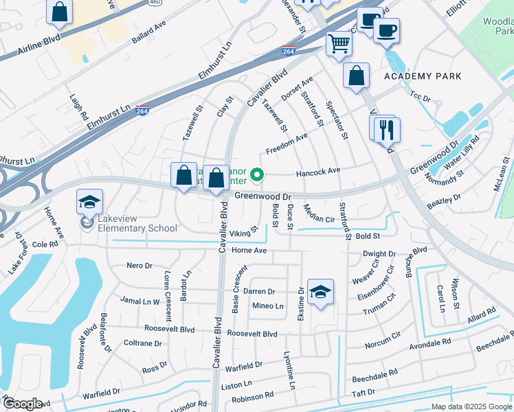 map of restaurants, bars, coffee shops, grocery stores, and more near 3813 Greenwood Drive in Portsmouth