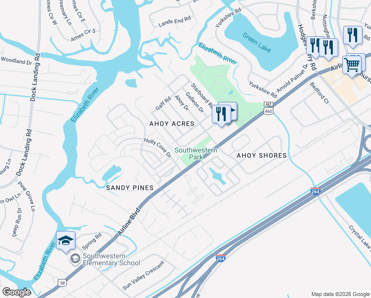 map of restaurants, bars, coffee shops, grocery stores, and more near 3932 Port Road in Chesapeake