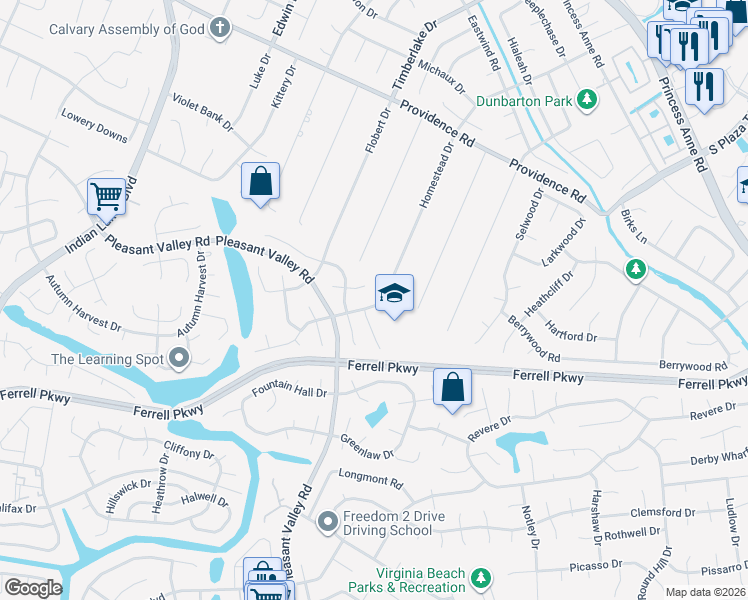 map of restaurants, bars, coffee shops, grocery stores, and more near 1209 Apple Blossom Court in Virginia Beach