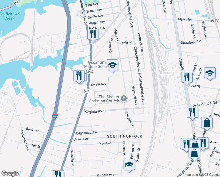 map of restaurants, bars, coffee shops, grocery stores, and more near 2613 Eastwood Avenue in Chesapeake