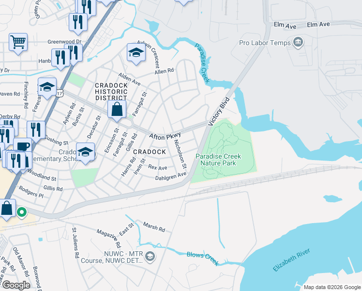 map of restaurants, bars, coffee shops, grocery stores, and more near 8 Oakcrest Street in Portsmouth