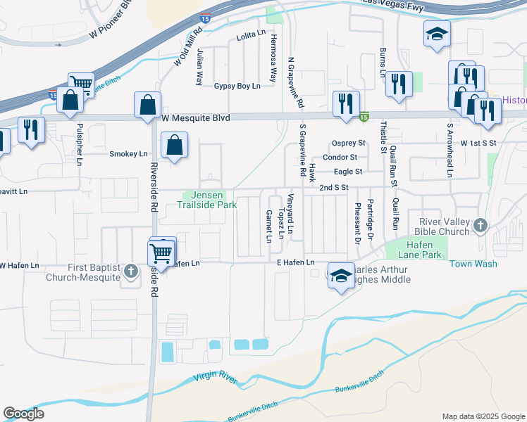 map of restaurants, bars, coffee shops, grocery stores, and more near 260 Rodeo Lane in Mesquite