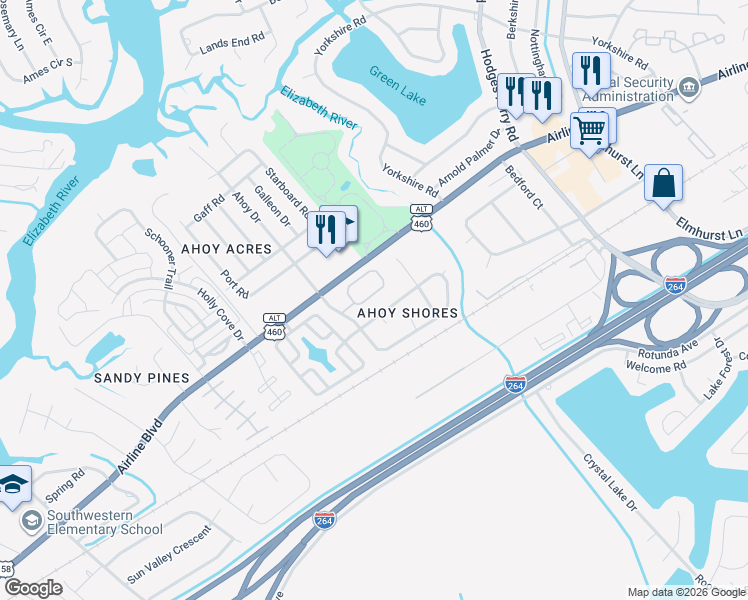 map of restaurants, bars, coffee shops, grocery stores, and more near 3923 Rex Circle in Chesapeake