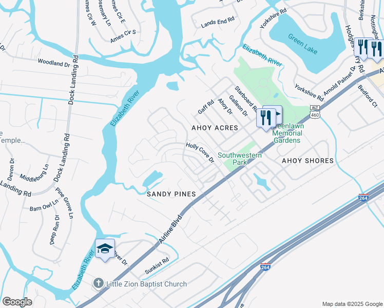 map of restaurants, bars, coffee shops, grocery stores, and more near 4056 Sloop Trail in Chesapeake