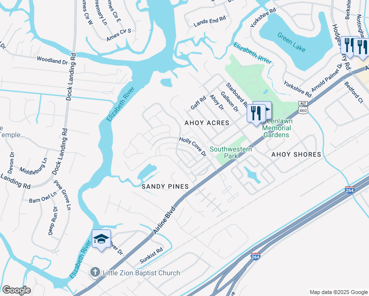 map of restaurants, bars, coffee shops, grocery stores, and more near 4056 Sloop Trail in Chesapeake