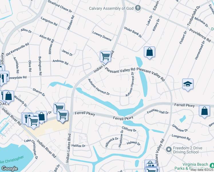 map of restaurants, bars, coffee shops, grocery stores, and more near 1280 Christian Court in Virginia Beach