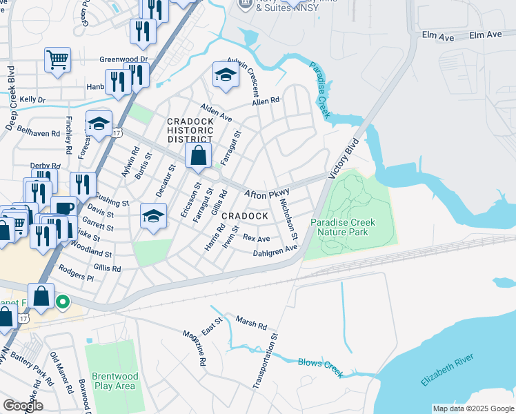 map of restaurants, bars, coffee shops, grocery stores, and more near 7 Brierdale Place in Portsmouth