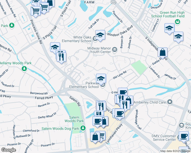 map of restaurants, bars, coffee shops, grocery stores, and more near 4315 Briarbush Lane in Virginia Beach