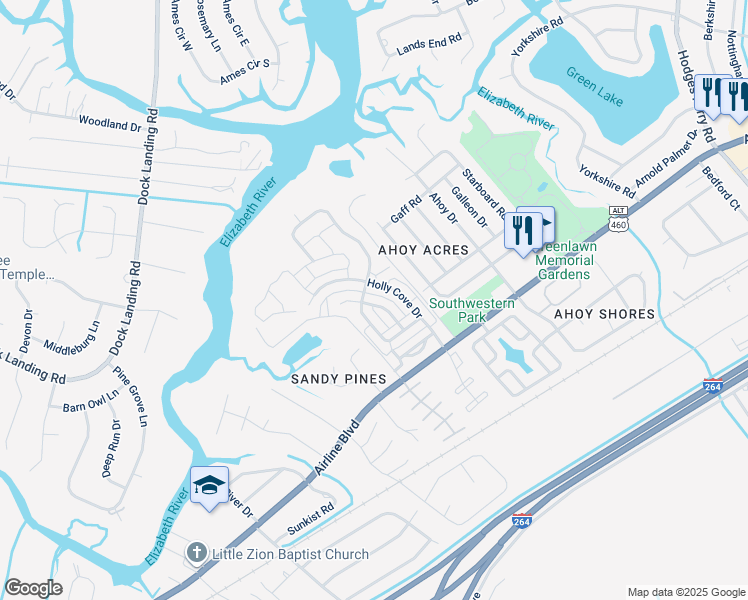map of restaurants, bars, coffee shops, grocery stores, and more near 4064 Sloop Trail in Chesapeake