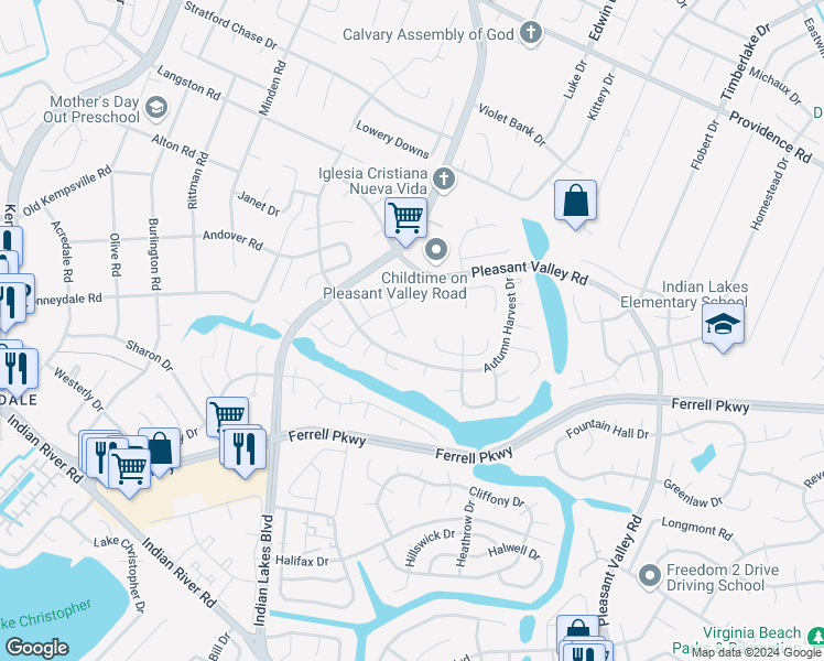 map of restaurants, bars, coffee shops, grocery stores, and more near 1280 Christian Court in Virginia Beach