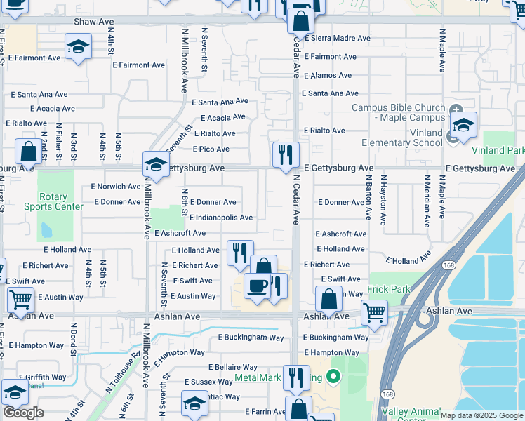 map of restaurants, bars, coffee shops, grocery stores, and more near 4555 North Cedar Avenue in Fresno