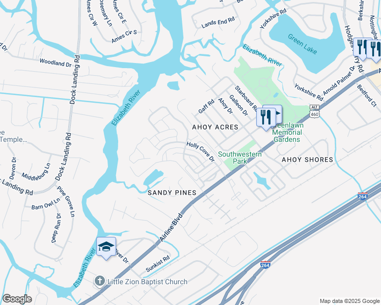 map of restaurants, bars, coffee shops, grocery stores, and more near 4064 Sloop Trail in Chesapeake