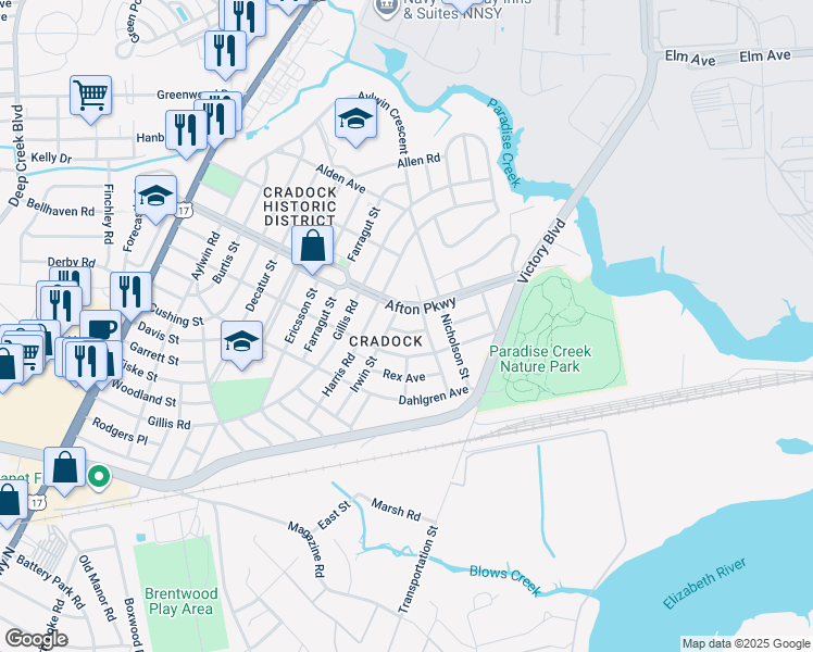 map of restaurants, bars, coffee shops, grocery stores, and more near 7 Brierdale Place in Portsmouth