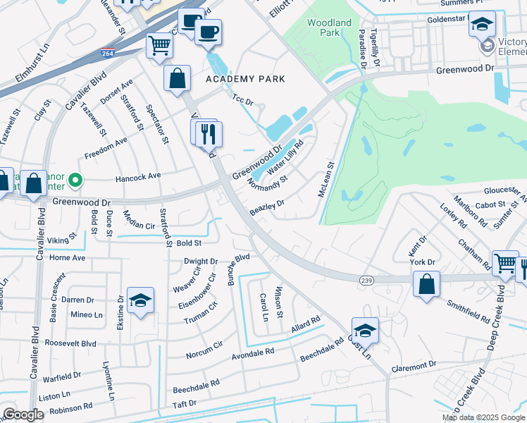 map of restaurants, bars, coffee shops, grocery stores, and more near 220 Beazley Drive in Portsmouth