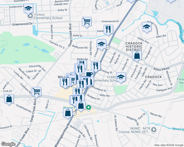 map of restaurants, bars, coffee shops, grocery stores, and more near 4500 George Washington Highway in Portsmouth