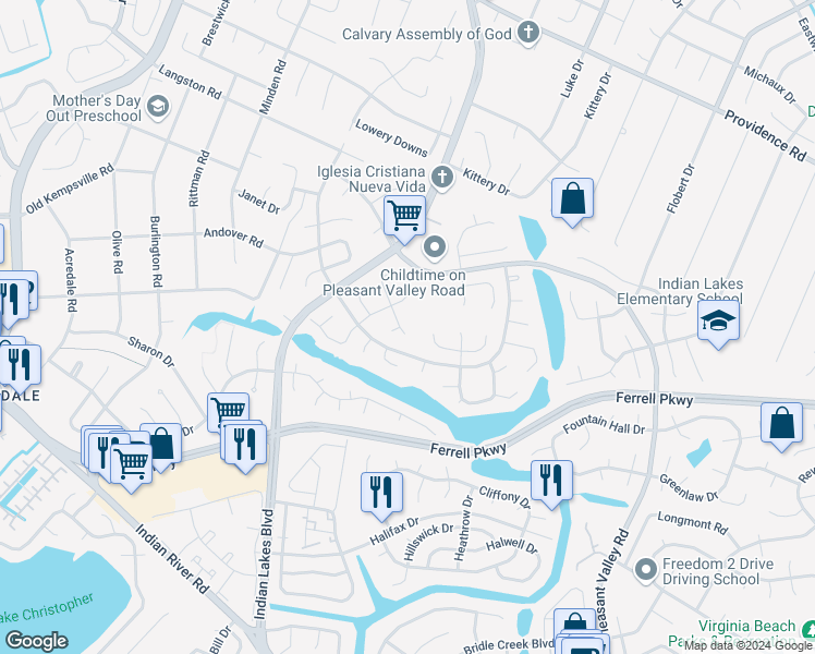 map of restaurants, bars, coffee shops, grocery stores, and more near 1278 Christian Court in Virginia Beach