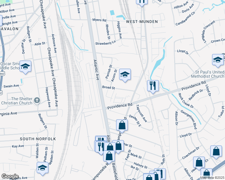 map of restaurants, bars, coffee shops, grocery stores, and more near 2700 Broad Street in Chesapeake