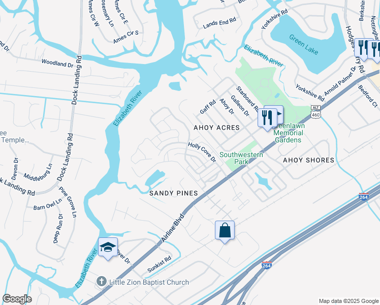 map of restaurants, bars, coffee shops, grocery stores, and more near 4072 Sloop Trail in Chesapeake