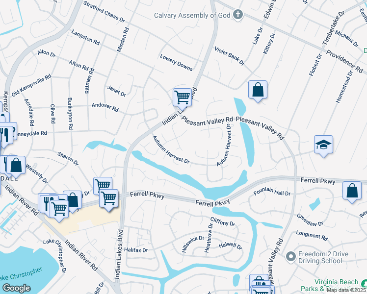 map of restaurants, bars, coffee shops, grocery stores, and more near 1278 Christian Court in Virginia Beach