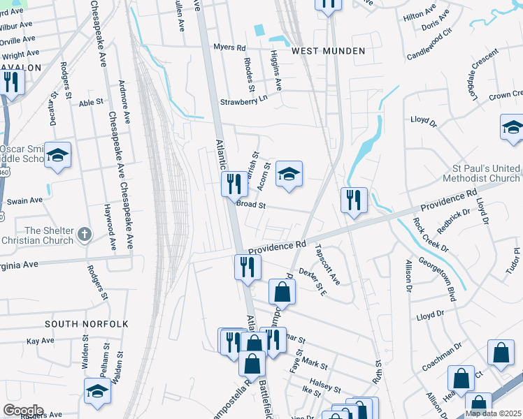 map of restaurants, bars, coffee shops, grocery stores, and more near 2700 Broad Street in Chesapeake
