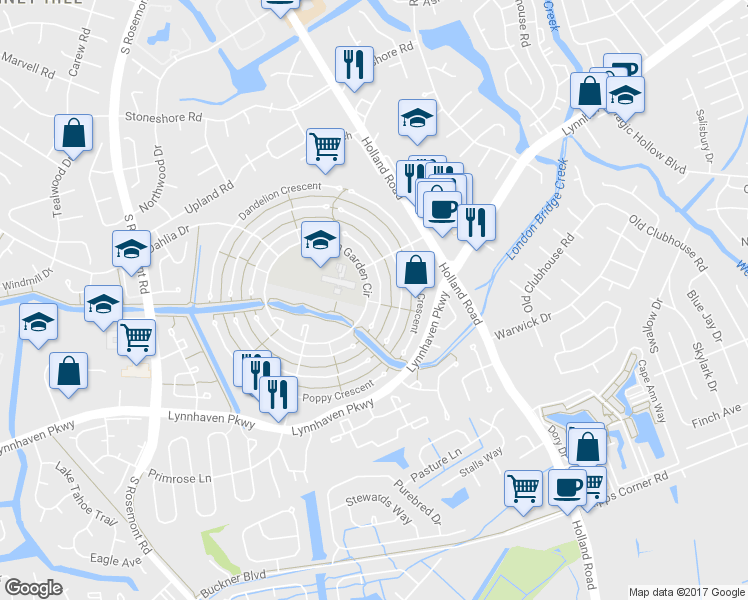 map of restaurants, bars, coffee shops, grocery stores, and more near 1221 Ginger Crescent in Virginia Beach