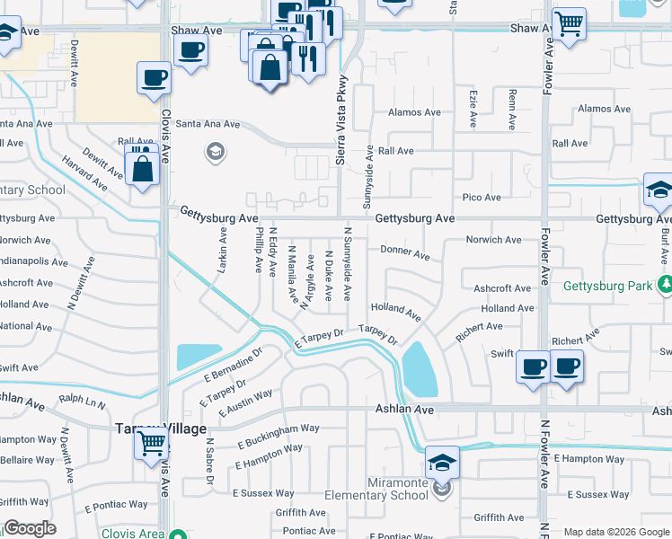 map of restaurants, bars, coffee shops, grocery stores, and more near 4501 North Duke Avenue in Fresno