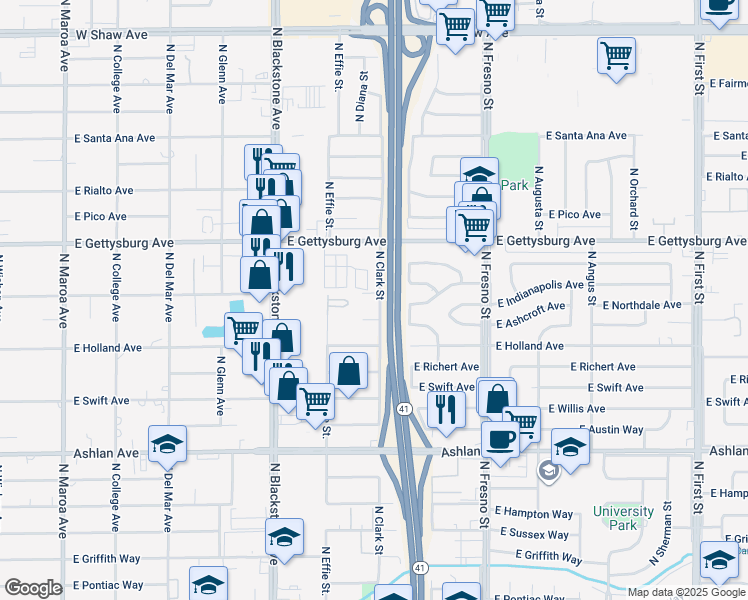 map of restaurants, bars, coffee shops, grocery stores, and more near 2052 East Indianapolis Avenue in Fresno