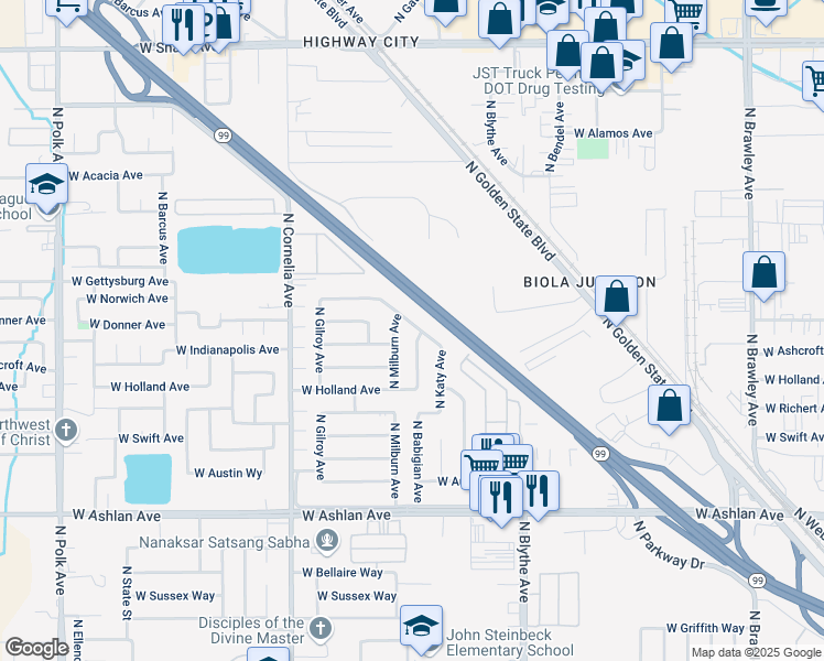 map of restaurants, bars, coffee shops, grocery stores, and more near 4318 North Parkway Drive in Fresno