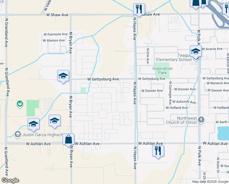 map of restaurants, bars, coffee shops, grocery stores, and more near 4417 North Hayes Avenue in Fresno
