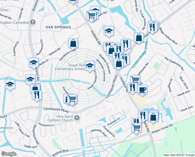 map of restaurants, bars, coffee shops, grocery stores, and more near 1221 Ginger Crescent in Virginia Beach