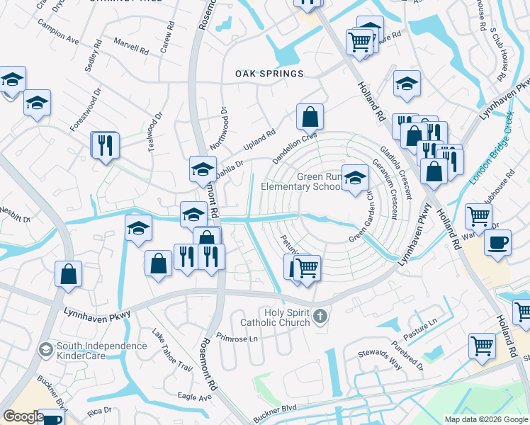 map of restaurants, bars, coffee shops, grocery stores, and more near 3560 Dandelion Crescent in Virginia Beach