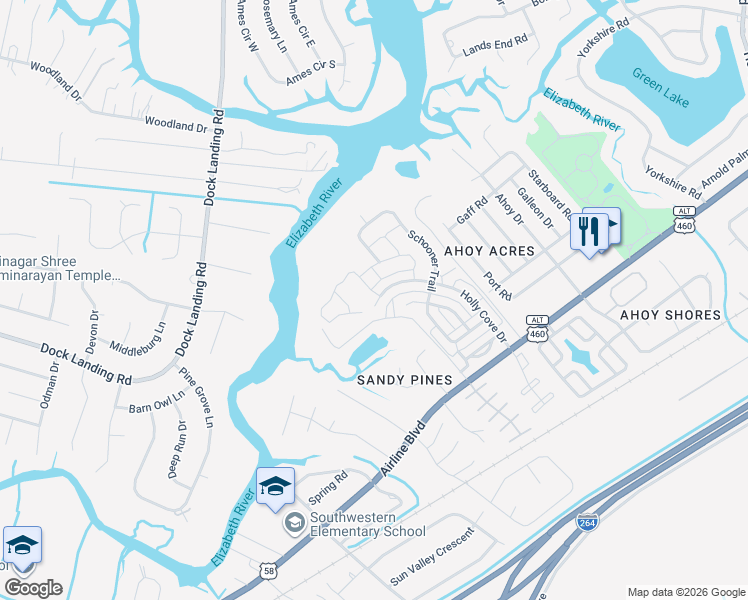 map of restaurants, bars, coffee shops, grocery stores, and more near 4208 White Cap Crest in Chesapeake