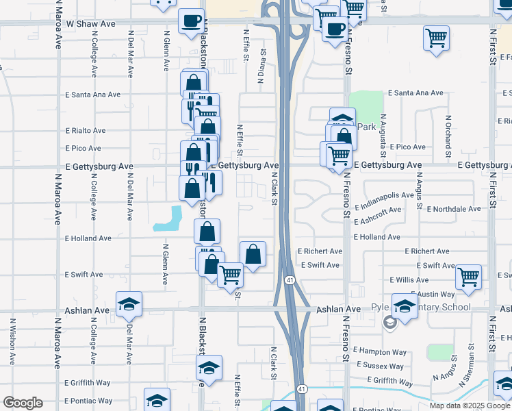 map of restaurants, bars, coffee shops, grocery stores, and more near 2014 East Indianapolis Avenue in Fresno