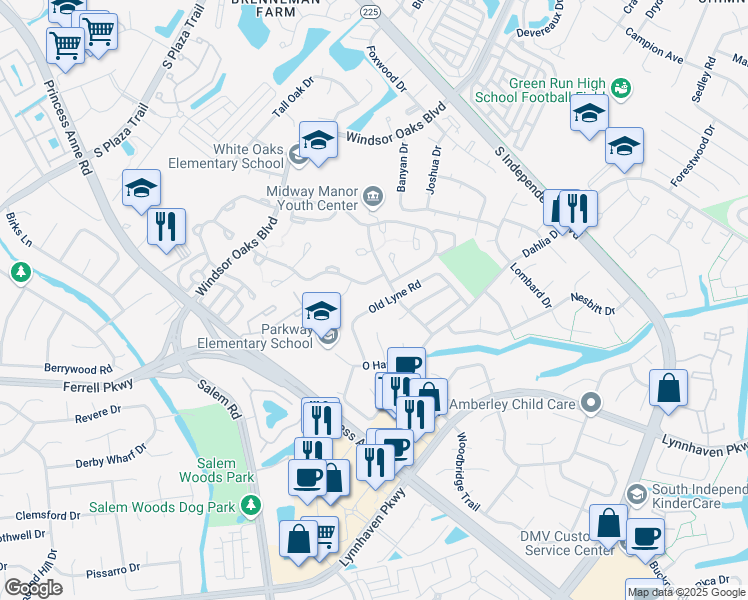 map of restaurants, bars, coffee shops, grocery stores, and more near 4210 Old Lyne Road in Virginia Beach