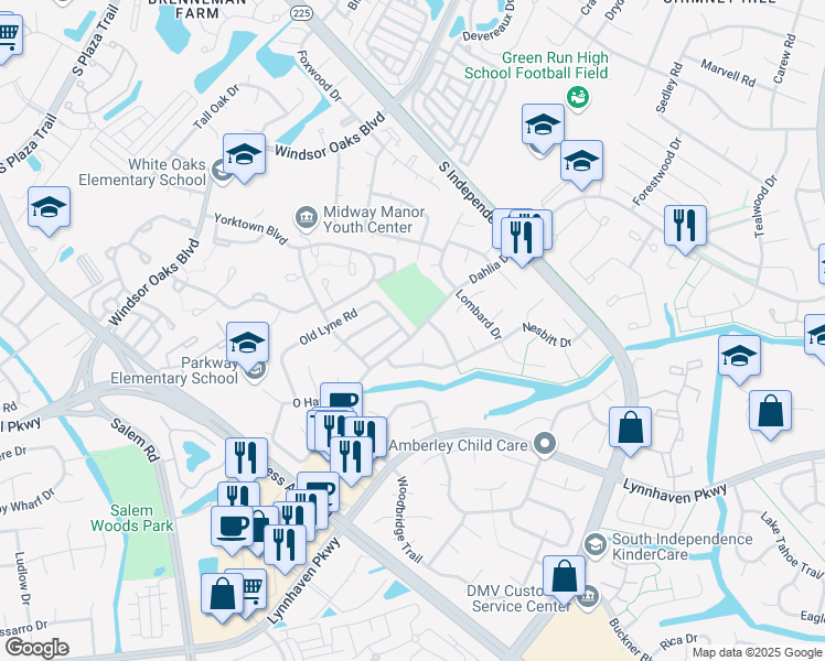 map of restaurants, bars, coffee shops, grocery stores, and more near 4100 Old Lyne Road in Virginia Beach