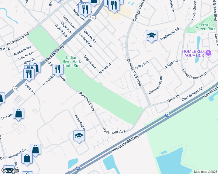 map of restaurants, bars, coffee shops, grocery stores, and more near 2308 Miller Avenue in Chesapeake