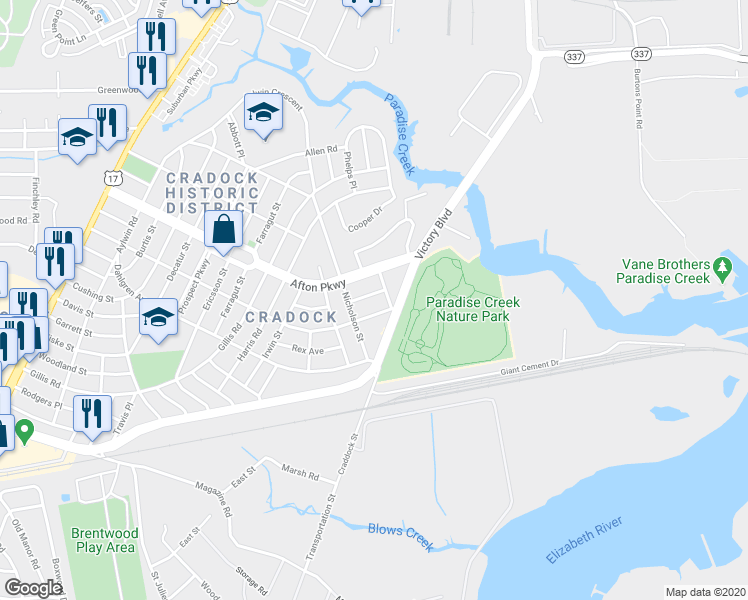 map of restaurants, bars, coffee shops, grocery stores, and more near 8 Oakcrest St in Portsmouth