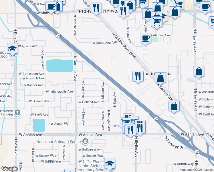 map of restaurants, bars, coffee shops, grocery stores, and more near 4318 North Parkway Drive in Fresno
