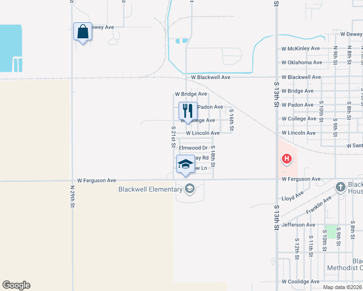 map of restaurants, bars, coffee shops, grocery stores, and more near 2104 Elmwood Drive in Blackwell