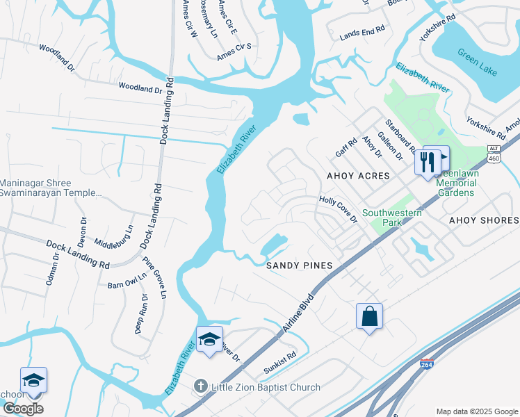 map of restaurants, bars, coffee shops, grocery stores, and more near 4213 High Tide Way in Chesapeake