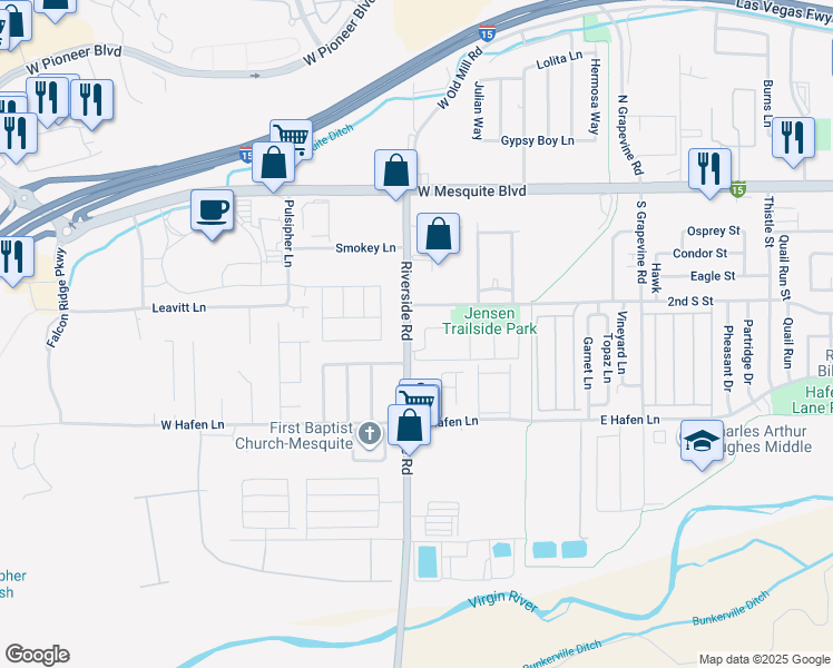 map of restaurants, bars, coffee shops, grocery stores, and more near 240 West Riverside Road in Mesquite
