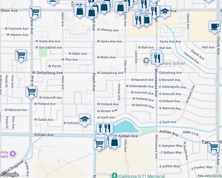 map of restaurants, bars, coffee shops, grocery stores, and more near 2896 Homsy Avenue in Clovis