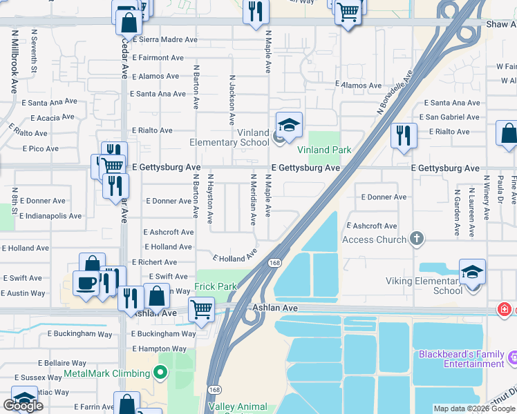 map of restaurants, bars, coffee shops, grocery stores, and more near 4493 North Meridian Avenue in Fresno