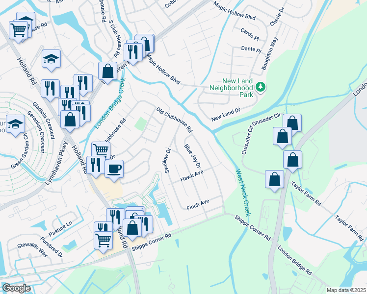 map of restaurants, bars, coffee shops, grocery stores, and more near 1221 Blue Jay Drive in Virginia Beach